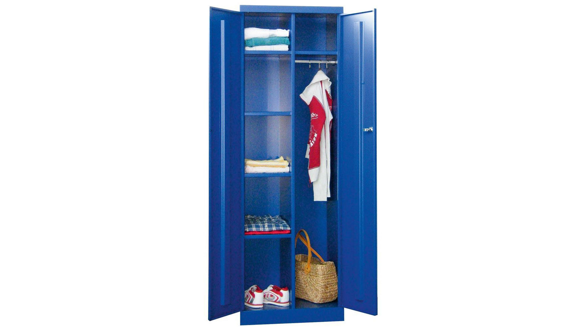 Garderobenschrank, Kleiderschrank mit Sockel - 1 Abteil mit Trennwand - 1.800x600x500 mm (HxBxT) - Zylinderschloss - enzianblau