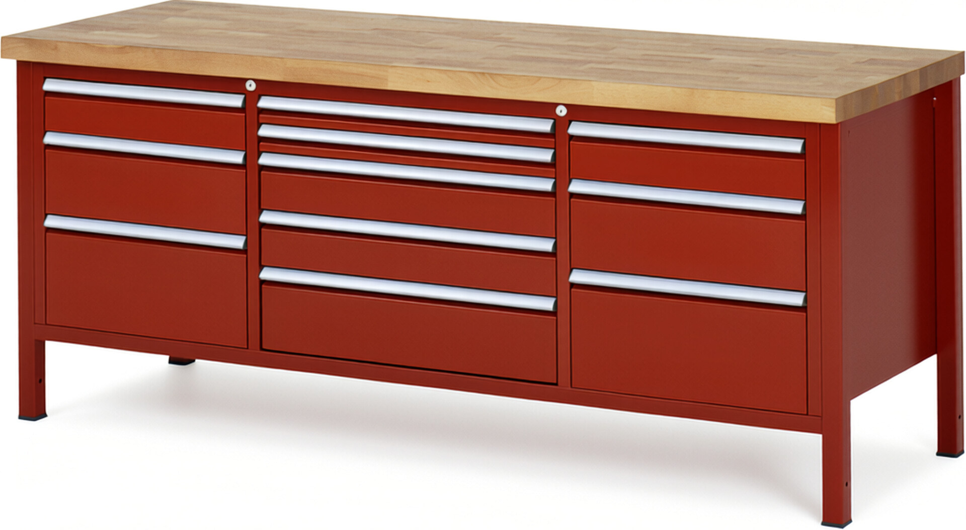 Werkbank Modell 8758 rot, BxTxH 2000x700x840-1040 mm,  Buche-Massiv Arbeitsplatte 40 mm,  11 Schubladen mit  Auszug 90 %