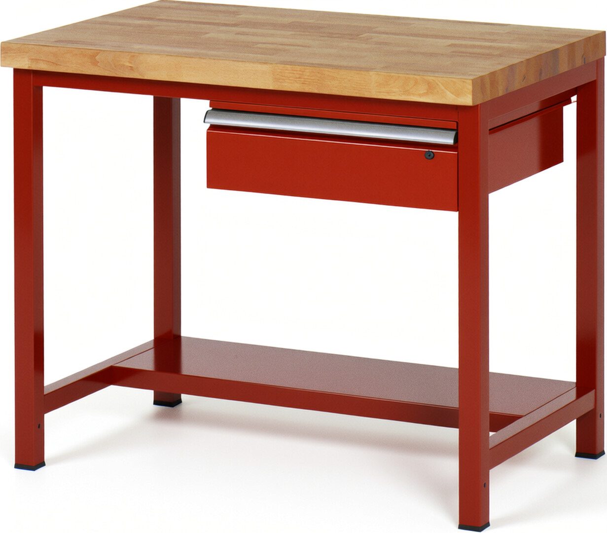 Werkbank Modell 8001 rot, BxTxH 1000x900x840-1040 mm,  Buche-Massiv Arbeitsplatte 40 mm,  1 Schublade mit  Auszug 90 %