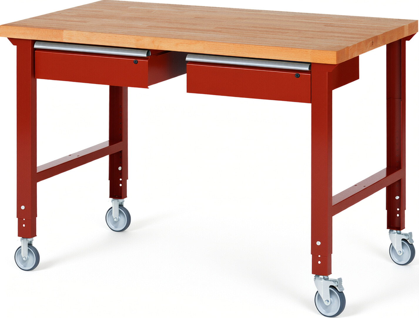 RAU Werkbank rot - Breite 150 cm - Tiefe 90 cm - Höhe 100 cm - Buche-Massiv Arbeitsplatte 40 mm