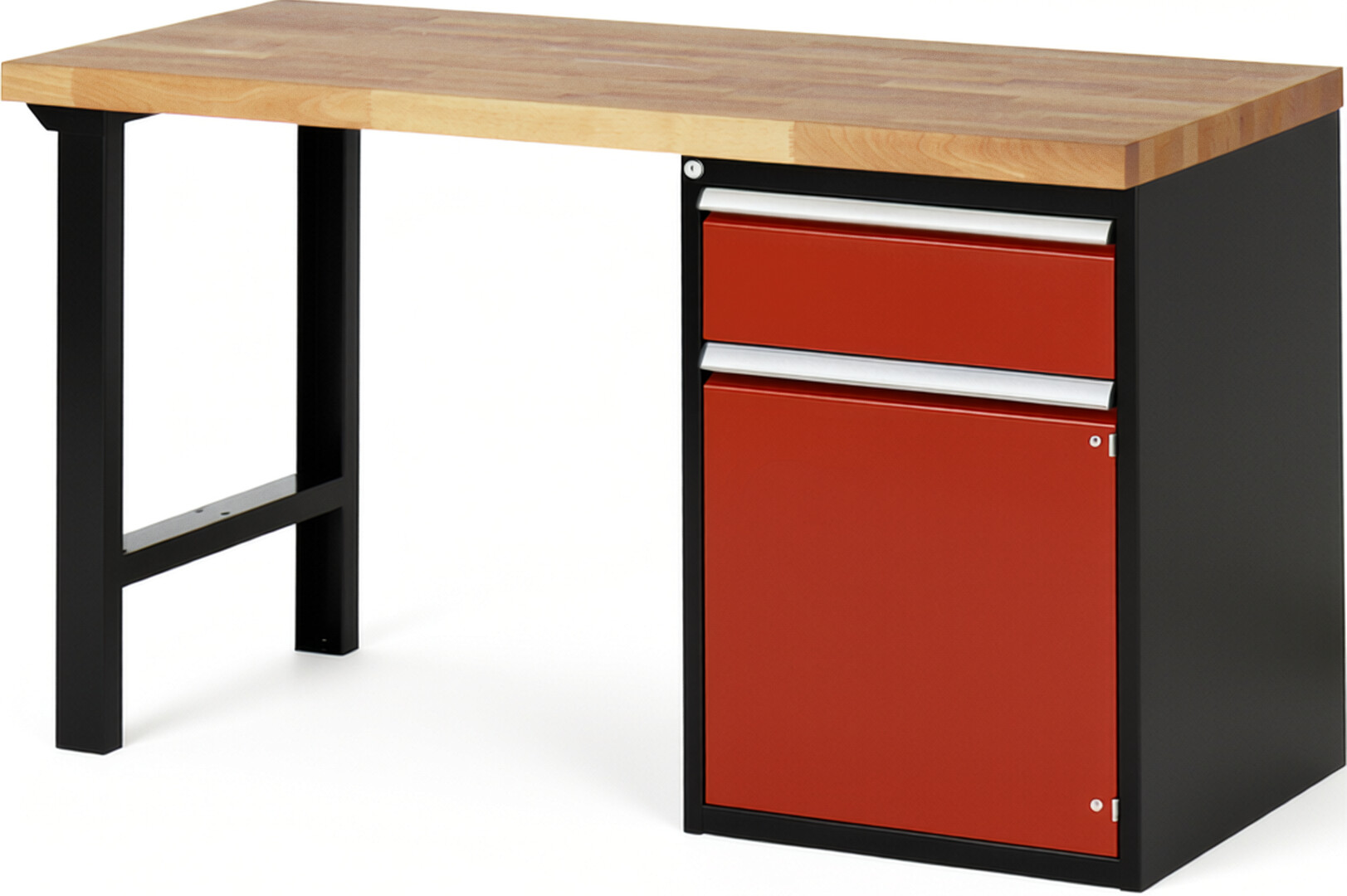 RAU Werkbank schwarz - rot - Breite 150 cm - Tiefe 70 cm - Höhe 84 cm - Buche-Massiv Arbeitsplatte 40 mm