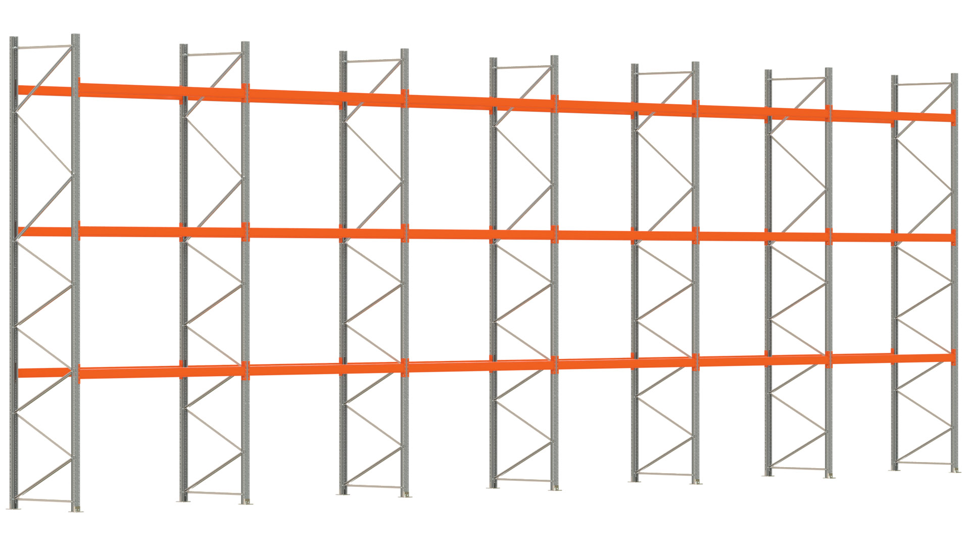 Palettenregal ARTUS - Breite 1679,5 cm - Höhe 550 cm - Tiefe 110 cm - 3 Träger-Ebenen - max. Fachlast 2100 kg - 72 Palettenstellplätze