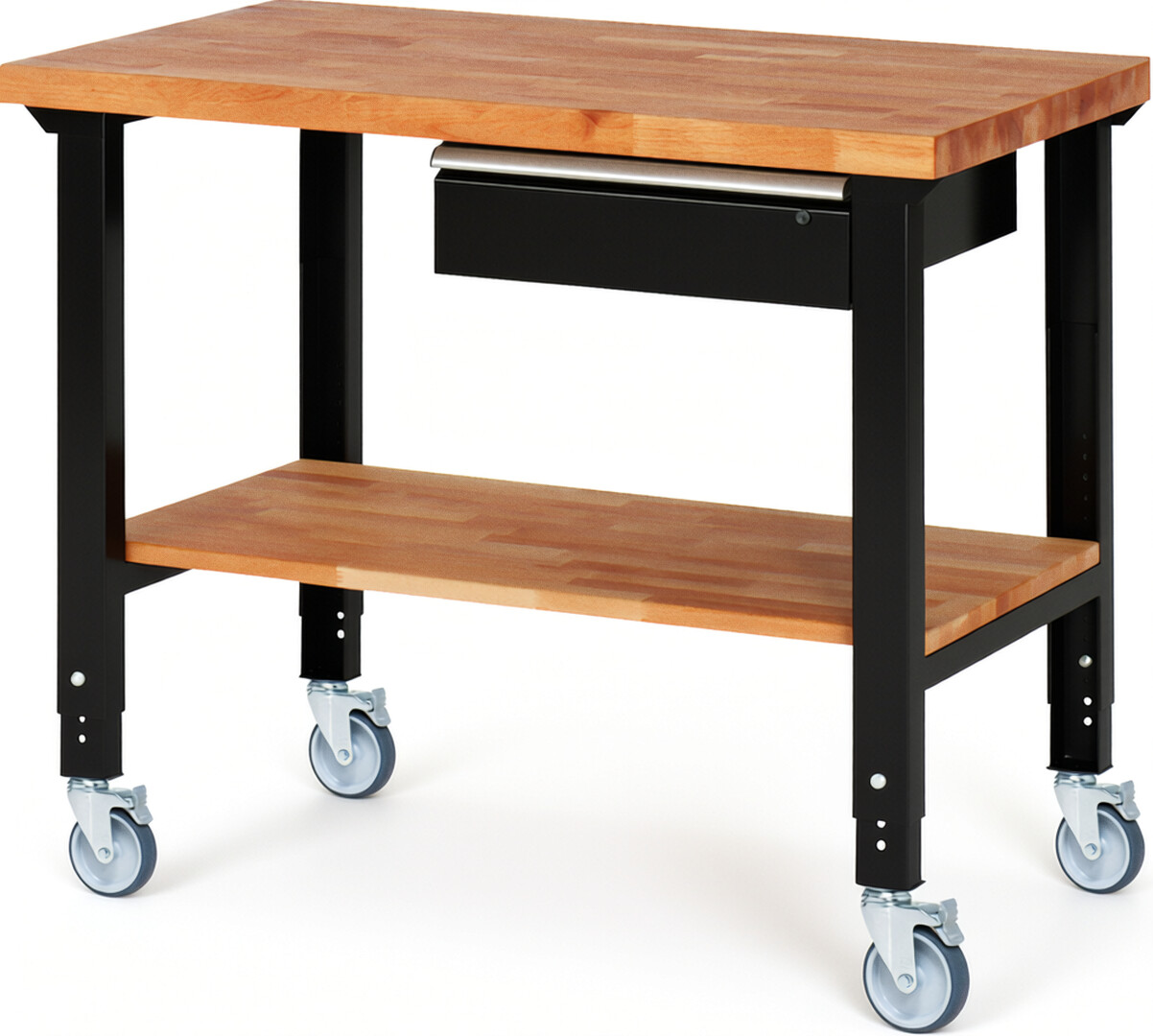 RAU Werkbank schwarz - Breite 125 cm - Tiefe 70 cm - Höhe 100 cm - Buche-Massiv Arbeitsplatte 40 mm