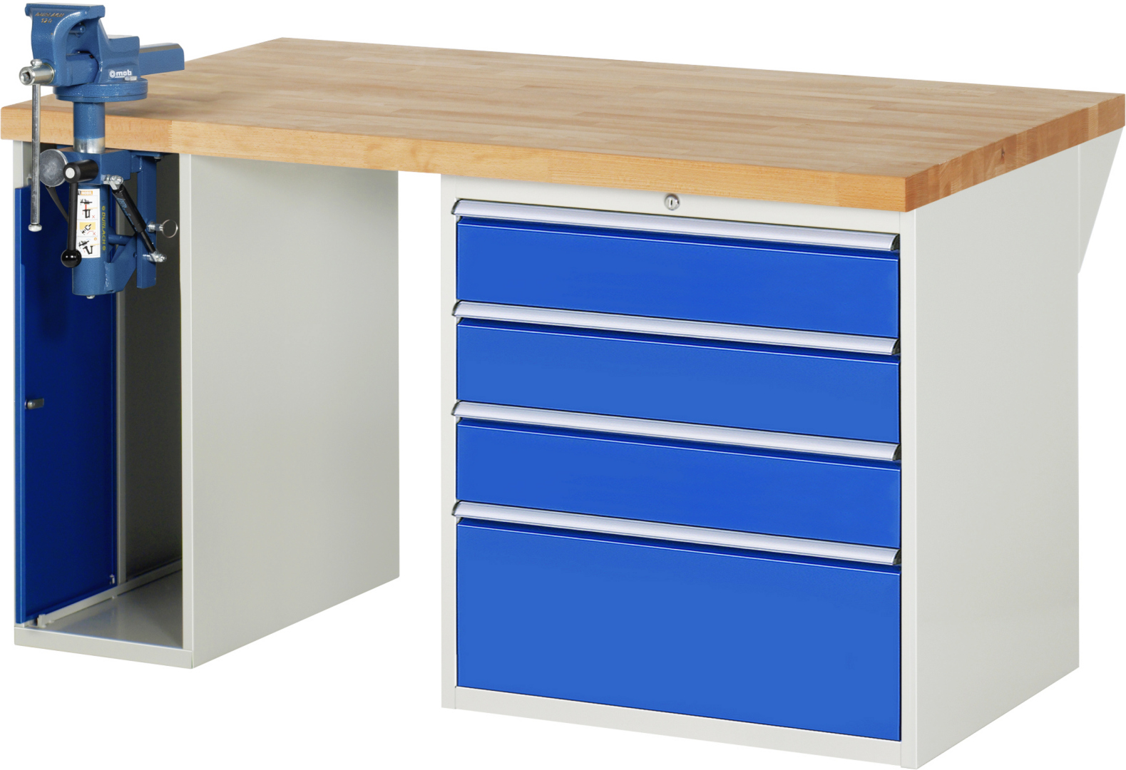 Werkbank Modell 7610 schwarz, BxTxH 1500x900x840 mm,  Buche-Massiv Arbeitsplatte 40 mm,  4 Schubladen mit  Auszug 90 %