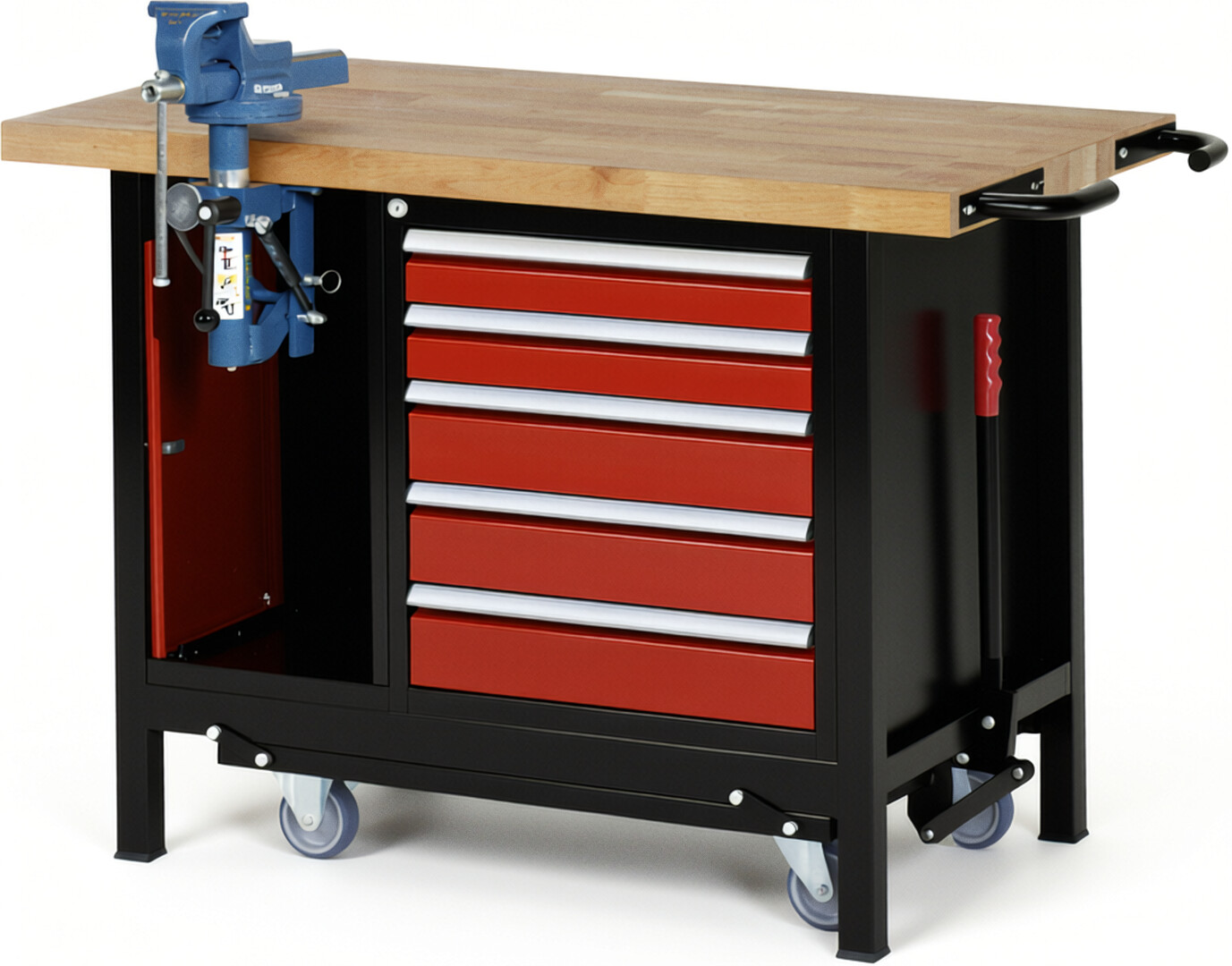 RAU Werkbank schwarz - rot - Breite 125 cm - Tiefe 70 cm - Höhe 88 cm - Buche-Massiv Arbeitsplatte 40 mm