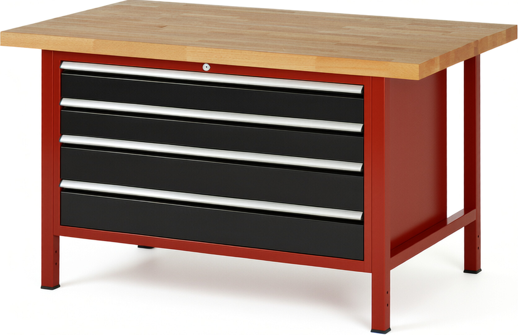 RAU Werkbank rot - schwarz - Breite 150 cm - Tiefe 90 cm - Höhe 104 cm - Buche-Massiv Arbeitsplatte 40 mm