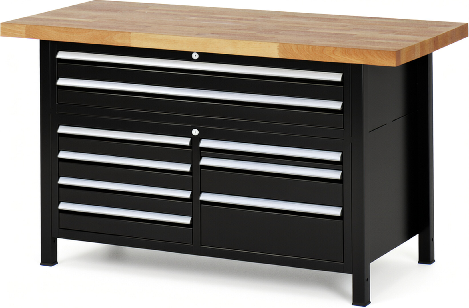 RAU Werkbank schwarz - Breite 150 cm - Tiefe 70 cm - Höhe 84 cm - Buche-Massiv Arbeitsplatte 40 mm