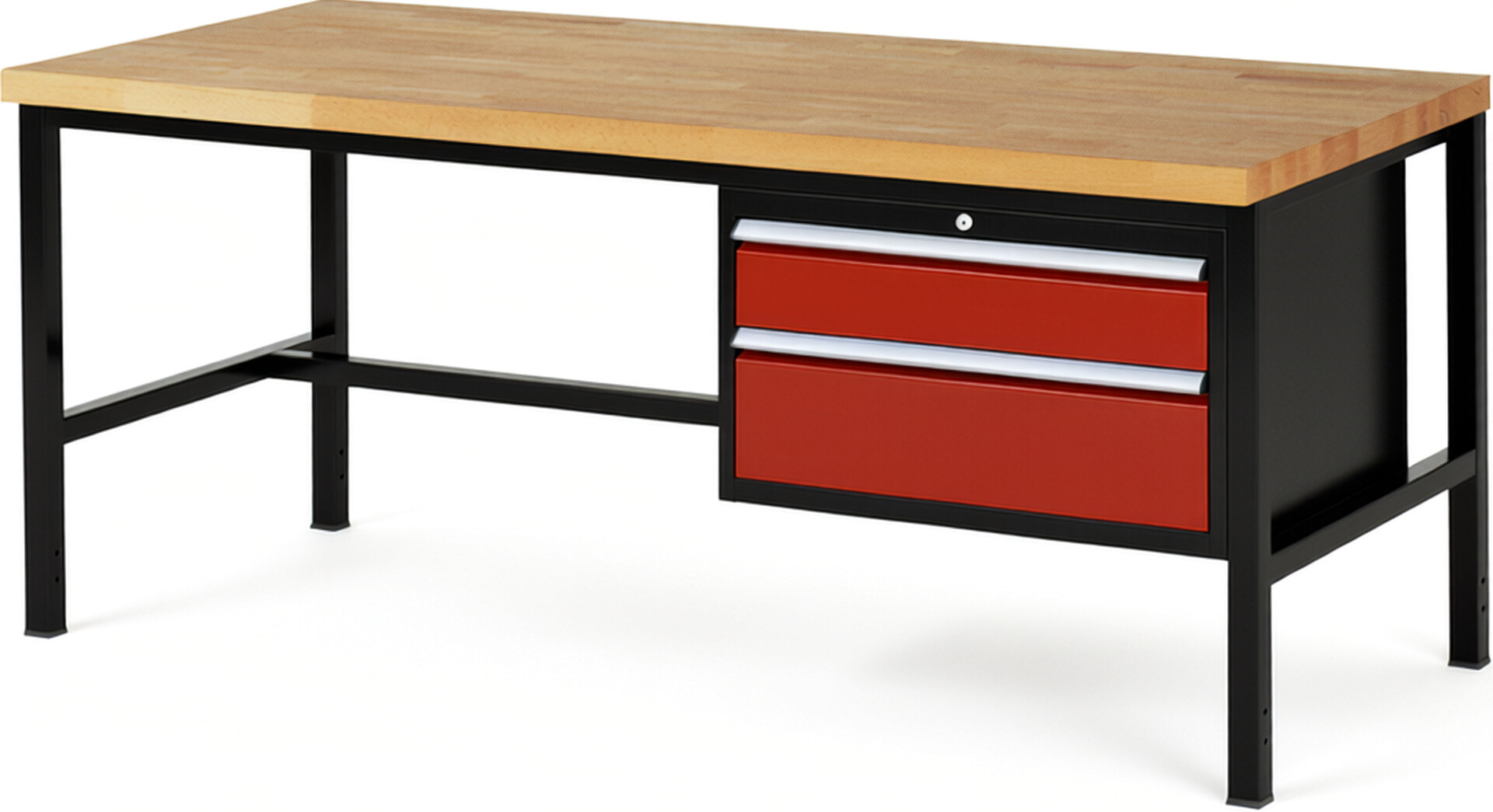 RAU Werkbank schwarz - rot - Breite 200 cm - Tiefe 90 cm - Höhe 104 cm - Buche-Massiv Arbeitsplatte 40 mm