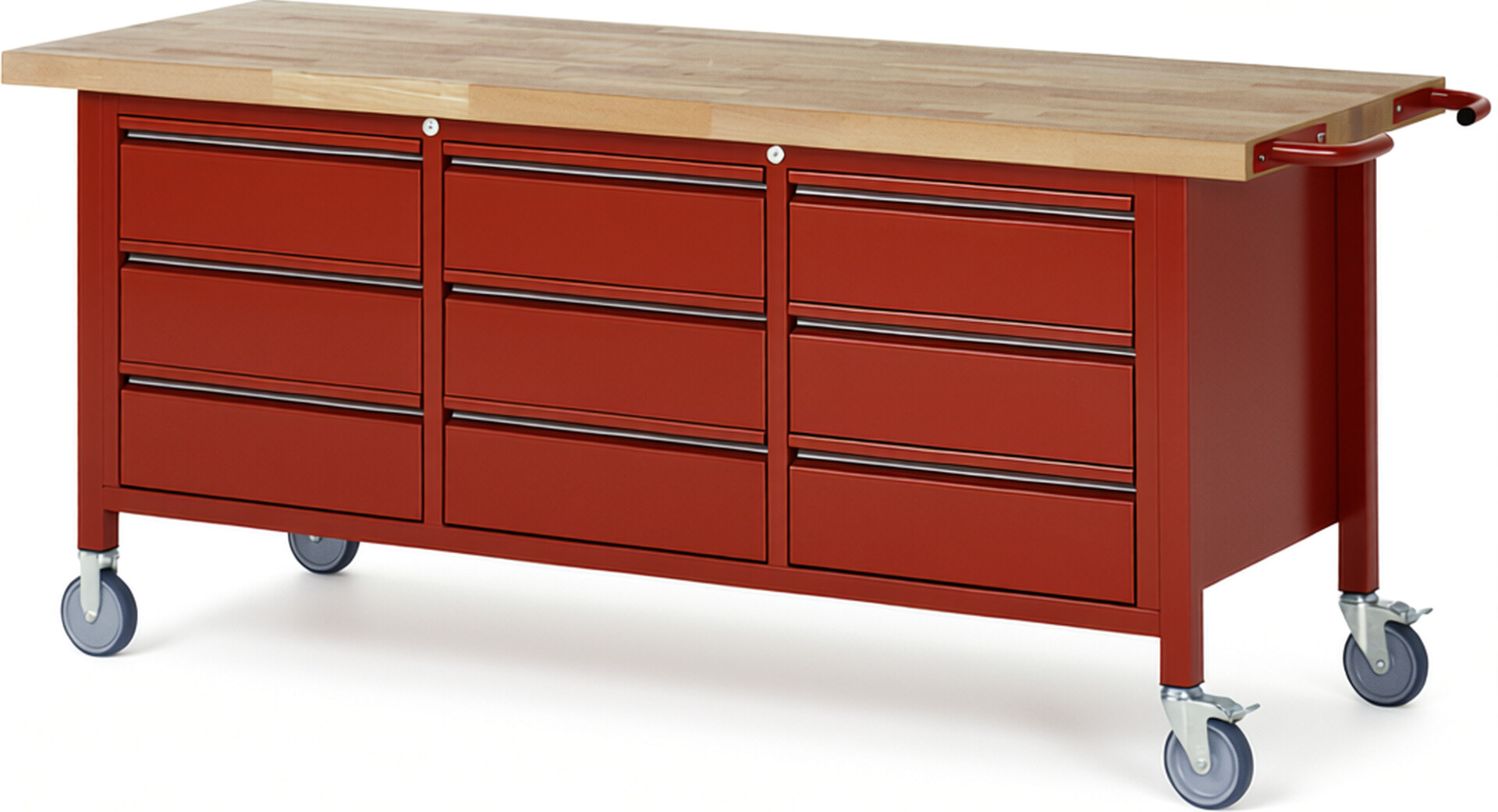 Fahrbare Werkbank - Modell 8574 BASIC rot, BxTxH 2000x700x880 mm,  Buche-Massiv Arbeitsplatte 40 mm,  9 Schubladen mit  Auszug 90 %