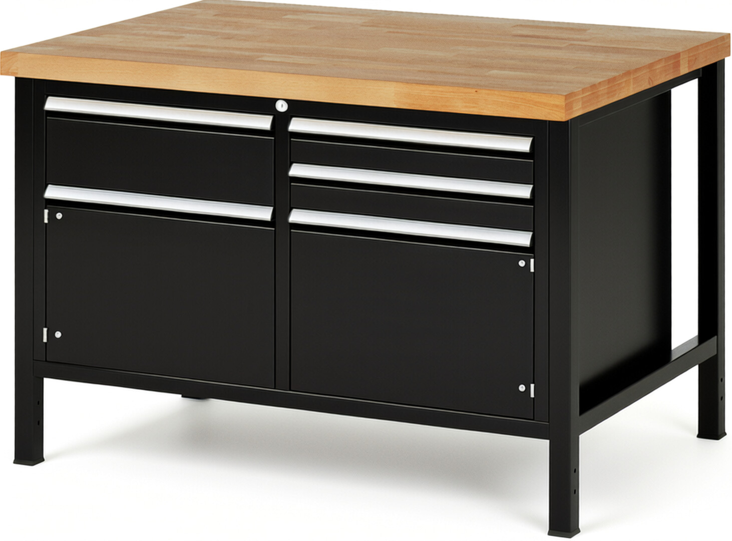 RAU Werkbank schwarz - Breite 125 cm - Tiefe 90 cm - Höhe 84 cm - Buche-Massiv Arbeitsplatte 40 mm