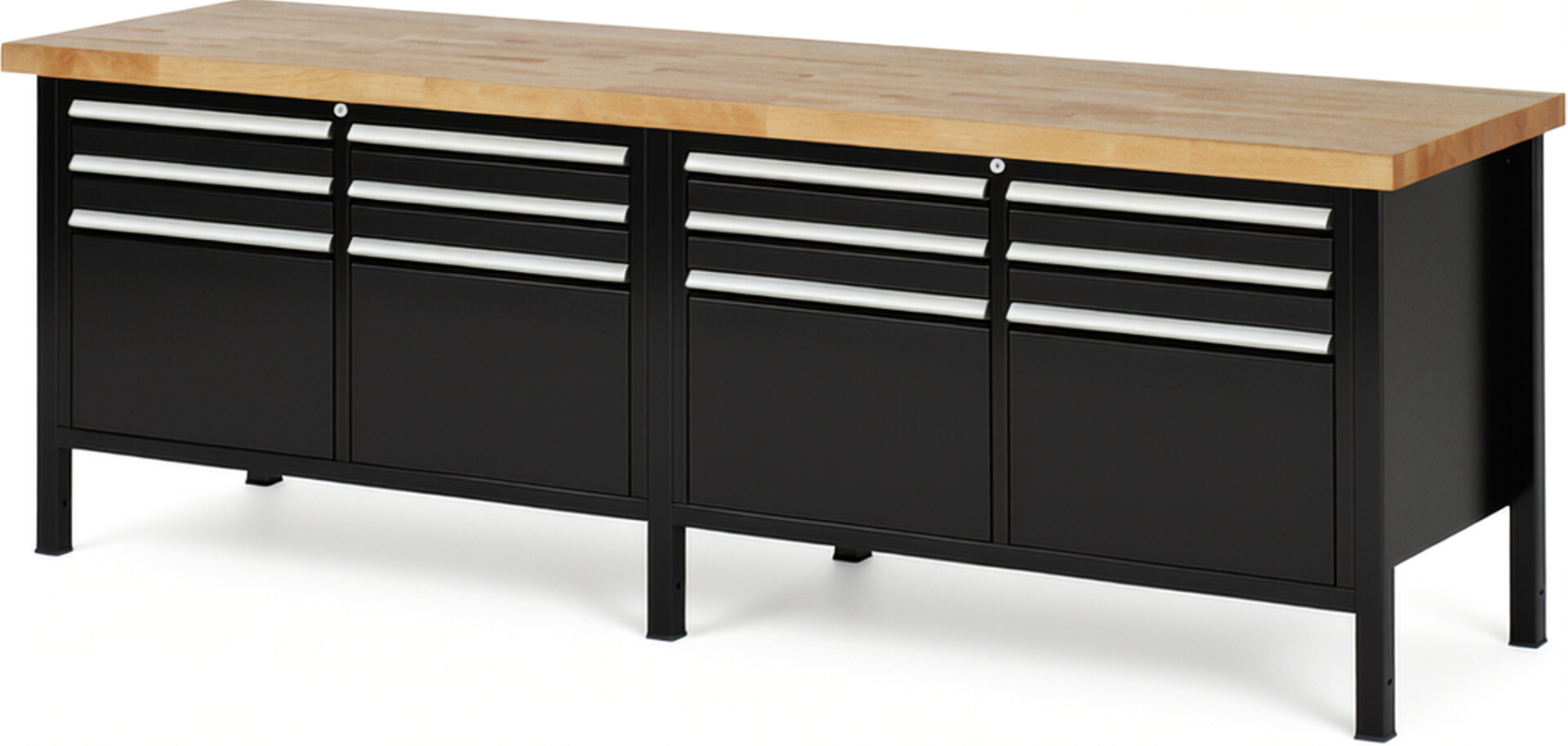 RAU Werkbank schwarz - Breite 250 cm - Tiefe 70 cm - Höhe 104 cm - Buche-Massiv Arbeitsplatte 40 mm