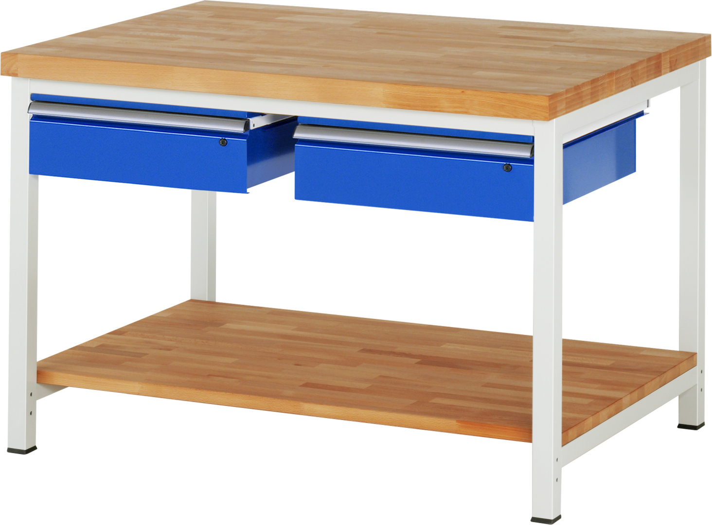 Werkbank Modell 8002,  BxTxH 1250x900x840-1040 mm,  Buche-Massiv Arbeitsplatte 40 mm,  2 Schubladen mit  Auszug 90 %