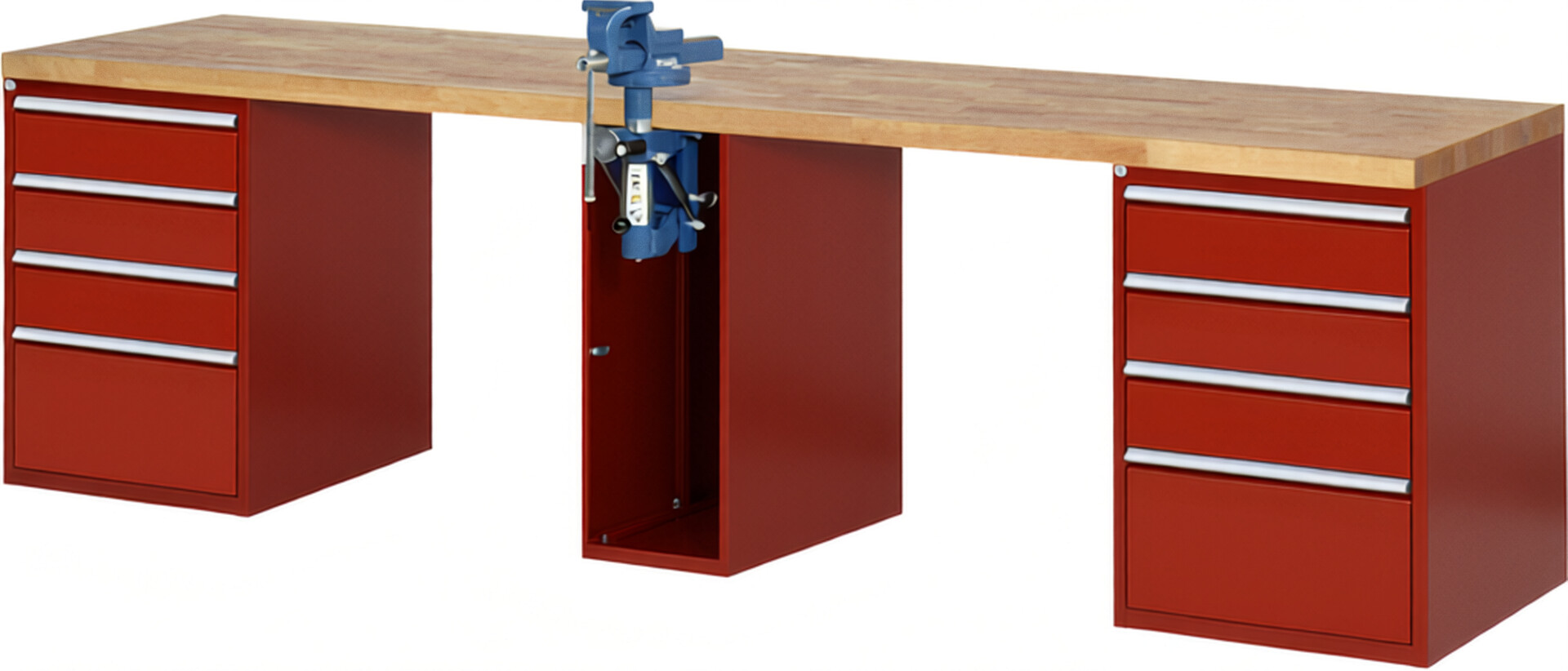 Werkbank Modell 7510 rot, BxTxH 3000x700x840 mm,  Buche-Massiv Arbeitsplatte 40 mm,  8 Schubladen mit  Vollauszug 100 % und  SoftClosing