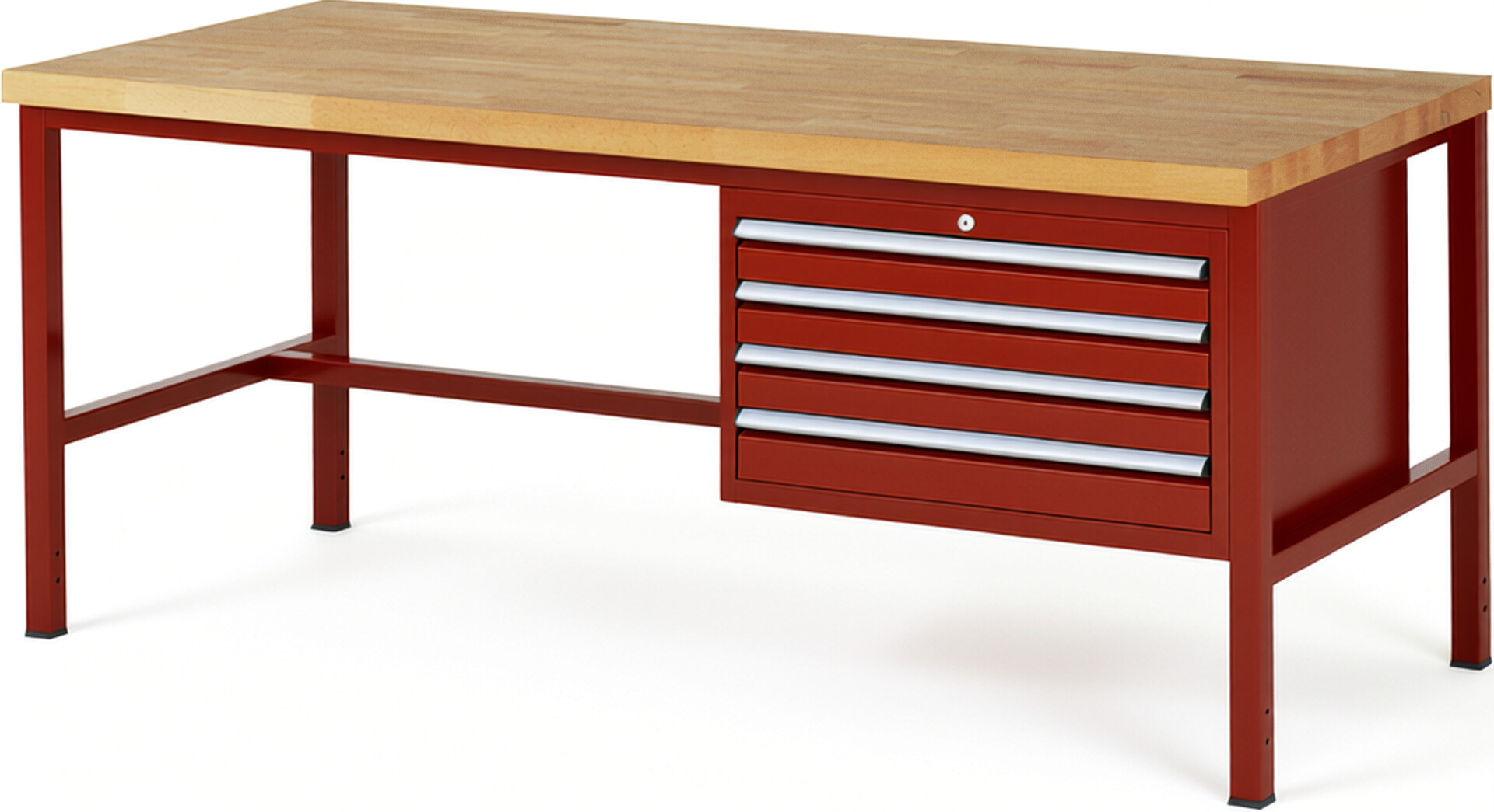 Werkbank Modell 8233 rot, BxTxH 2000x900x840-1040 mm,  Buche-Massiv Arbeitsplatte 40 mm,  4 Schubladen mit  Auszug 90 %
