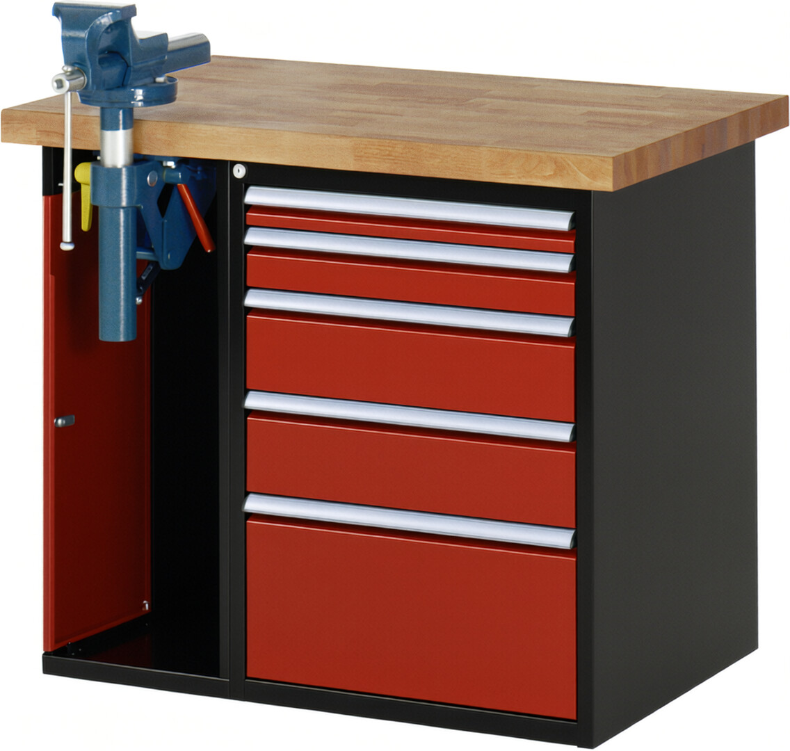 RAU Werkbank schwarz - rot - Breite 100 cm - Tiefe 70 cm - Höhe 89 cm - Buche-Massiv Arbeitsplatte 40 mm