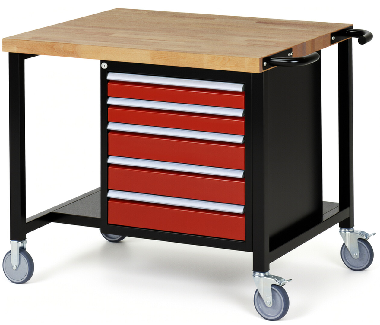 RAU Werkbank schwarz - rot - Breite 100 cm - Tiefe 90 cm - Höhe 108 cm - Buche-Massiv Arbeitsplatte 40 mm