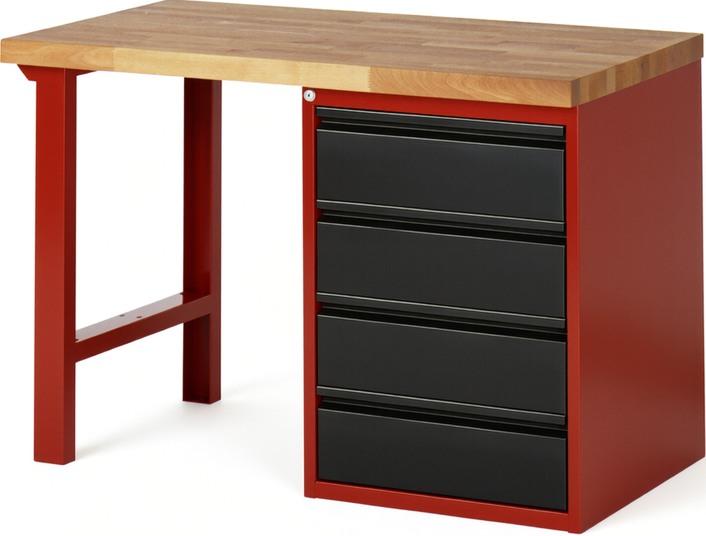Werkbank rot - schwarz, BxTxH 1250xT700xH890 mm, Platte Buche 40 mm 40 mm, 4 Schubladen 180 mm, RAL 3000/9011