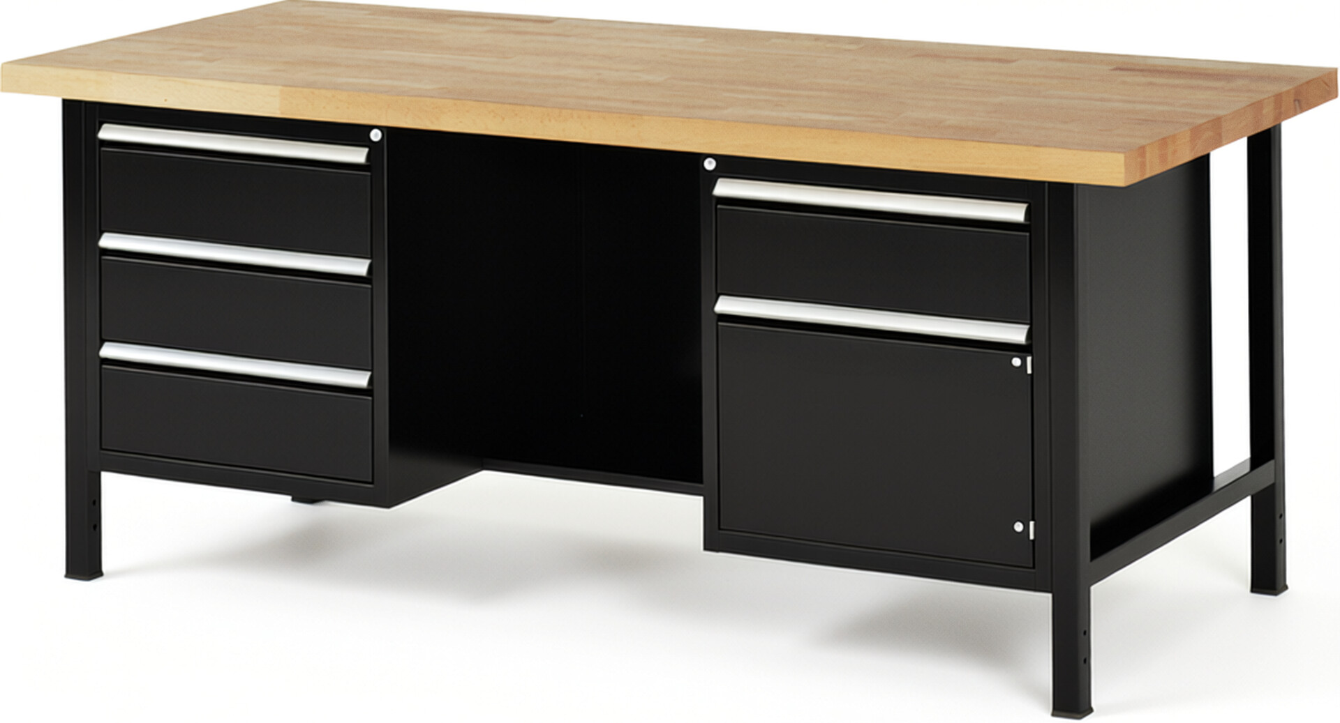 Werkbank Modell 8552 schwarz, BxTxH 2000x900x840-1040 mm,  Buche-Massiv Arbeitsplatte 40 mm,  4 Schubladen mit  Auszug 90 %