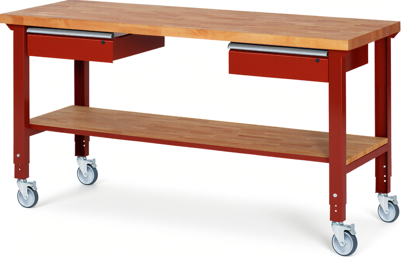 Fahrbare Werkbank Modell 7002 rot, BxTxH 2000x700x950-1000 mm,  Buche-Massiv Arbeitsplatte 40 mm,  2 Schubladen mit  Auszug 90 %