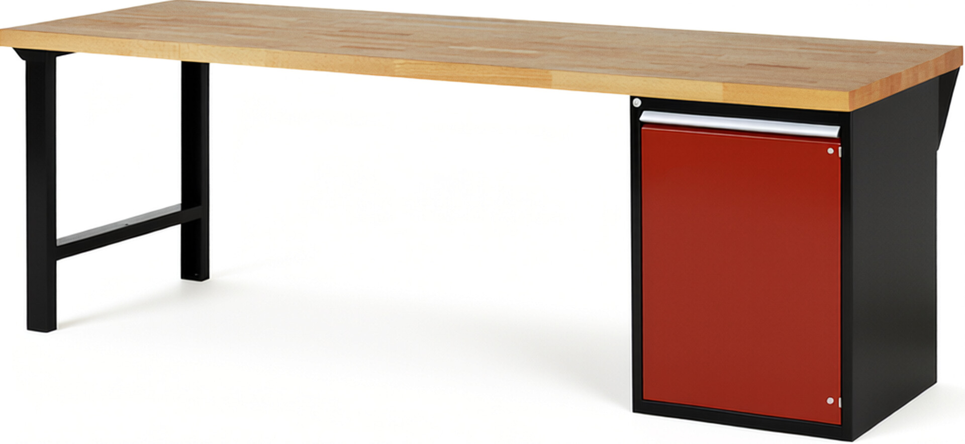 RAU Werkbank schwarz - rot - Breite 250 cm - Tiefe 90 cm - Höhe 84 cm - Buche-Massiv Arbeitsplatte 40 mm