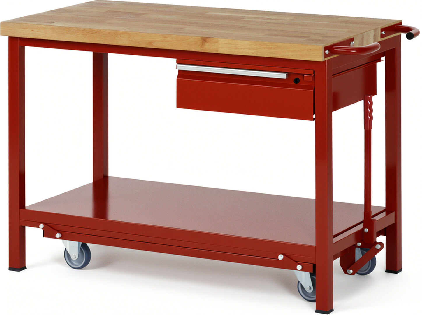 Absenkbare Werkbank - Modell 8001 BASIC rot, BxTxH 1250x700x880 mm,  Buche-Massiv Arbeitsplatte 40 mm,  1 Schublade mit  Auszug 90 %