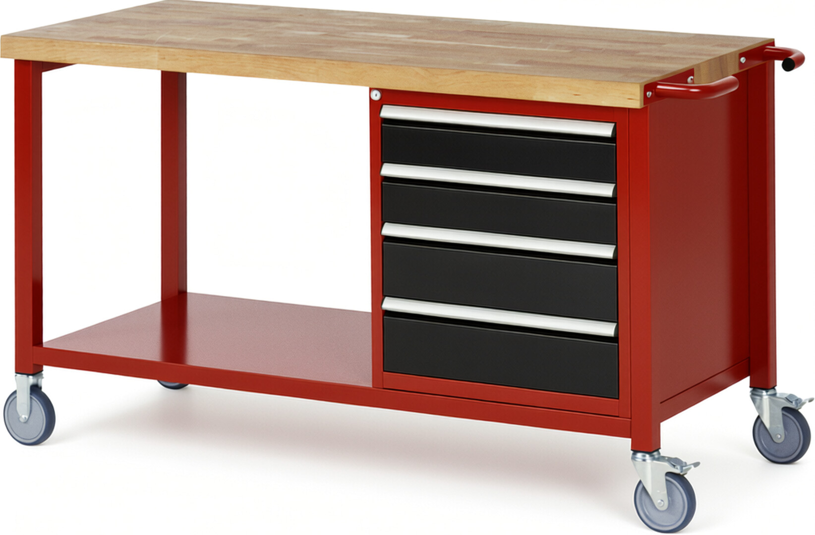 Fahrbare Werkbank Modell 8162 rot - schwarz, BxTxH 1500x700x880 mm,  Buche-Massiv Arbeitsplatte 40 mm,  4 Schubladen mit  Auszug 90 %