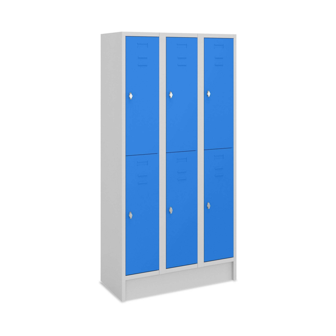 Doppelstock-Spind, 3 Abteile, 6 Fächer, Abteilbreite 30 cm, Höhe 180 cm, Breite 50 cm,  RAL 7035 Lichtgrau / RAL 5010 Enzianblau