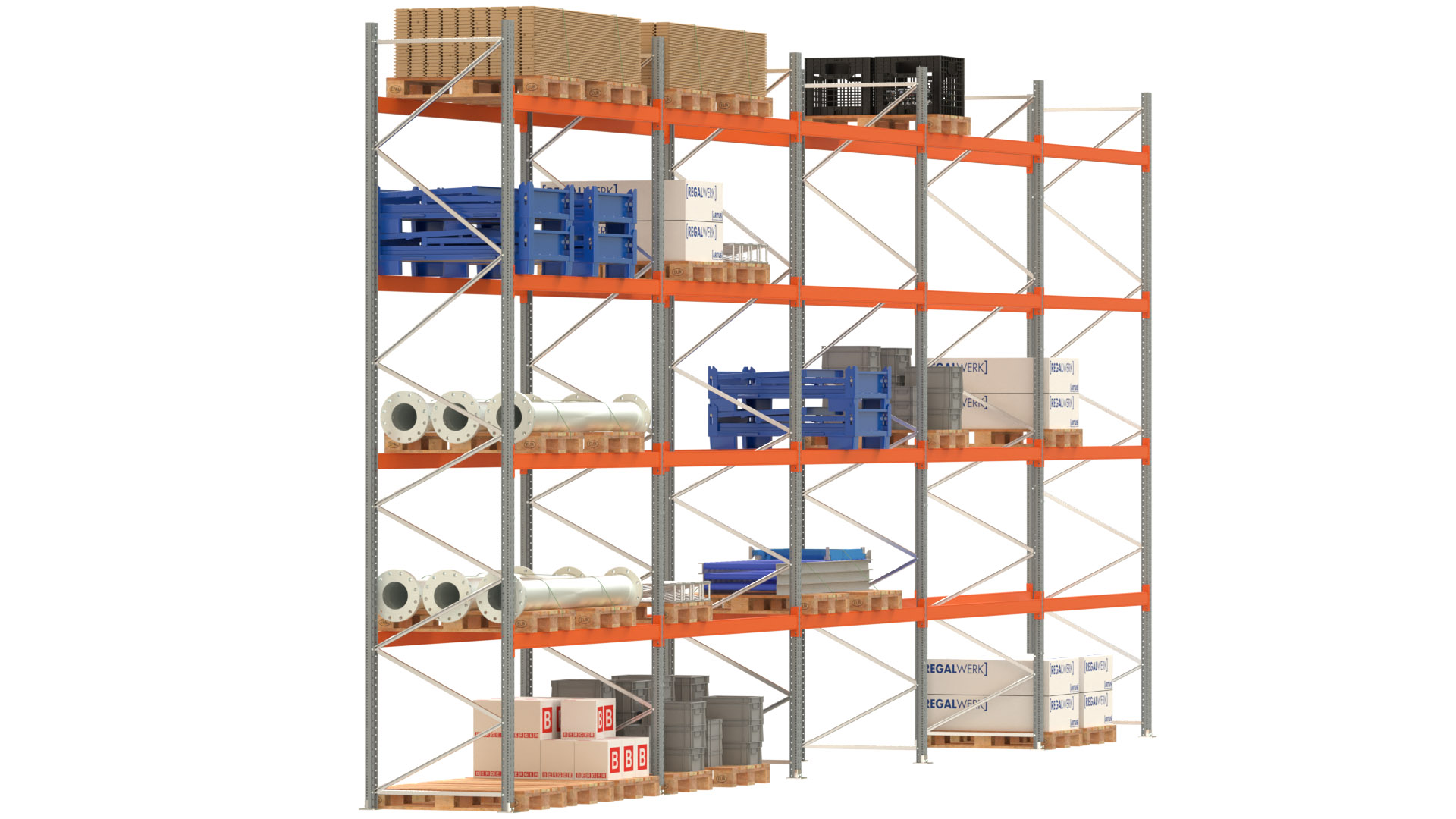 Palettenregal ARTUS - Breite 1401 cm - Höhe 550 cm - Tiefe 110 cm - 4 Träger-Ebenen - Fachlast 2000 kg - 75 Palettenstellplätze