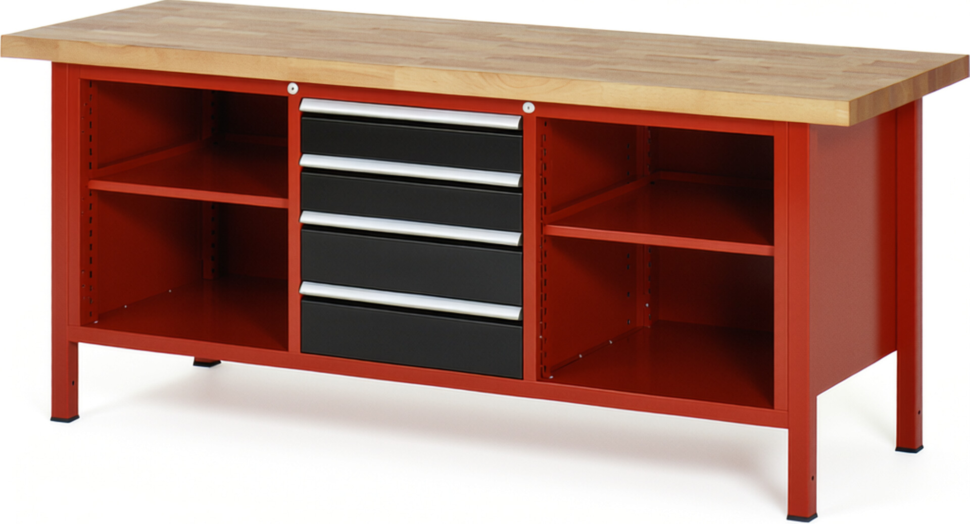 Werkbank Modell 8566 rot - schwarz, BxTxH 2000x700x840 mm,  Buche-Massiv Arbeitsplatte 40 mm,  4 Schubladen mit  Auszug 90 %