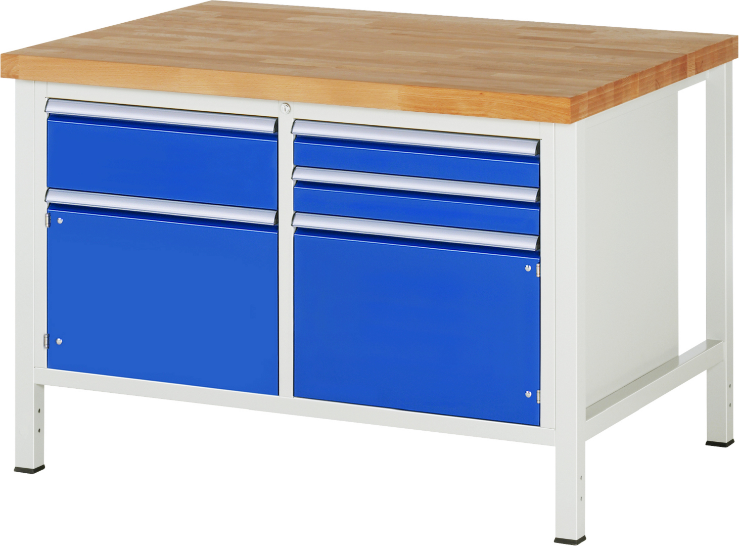 Werkbank Modell 8467 schwarz, BxTxH 1250x900x840-1040 mm,  Buche-Massiv Arbeitsplatte 40 mm,  3 Schubladen mit  Vollauszug 100 % und  SoftClosing