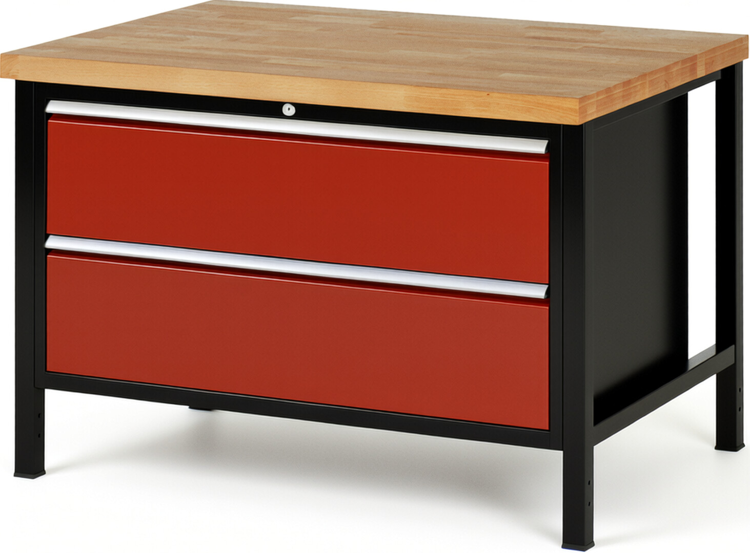 RAU Werkbank schwarz - rot - Breite 125 cm - Tiefe 90 cm - Höhe 104 cm - Buche-Massiv Arbeitsplatte 40 mm