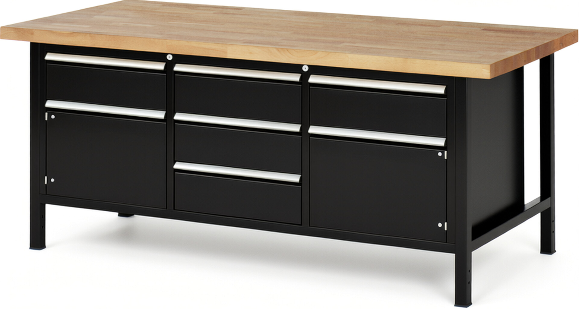Werkbank Modell 8568 schwarz, BxTxH 2000x900x840-1040 mm,  Buche-Massiv Arbeitsplatte 40 mm,  5 Schubladen mit  Auszug 90 %