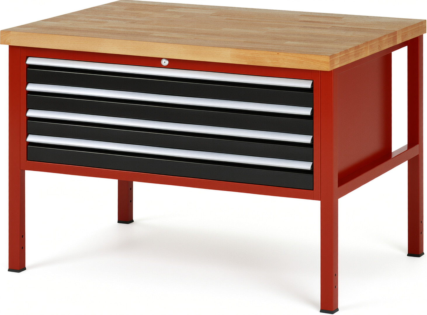 Werkbank Modell 8333 rot - schwarz, BxTxH 1250x900x840 mm,  Buche-Massiv Arbeitsplatte 40 mm,  4 Schubladen mit  Auszug 90 %