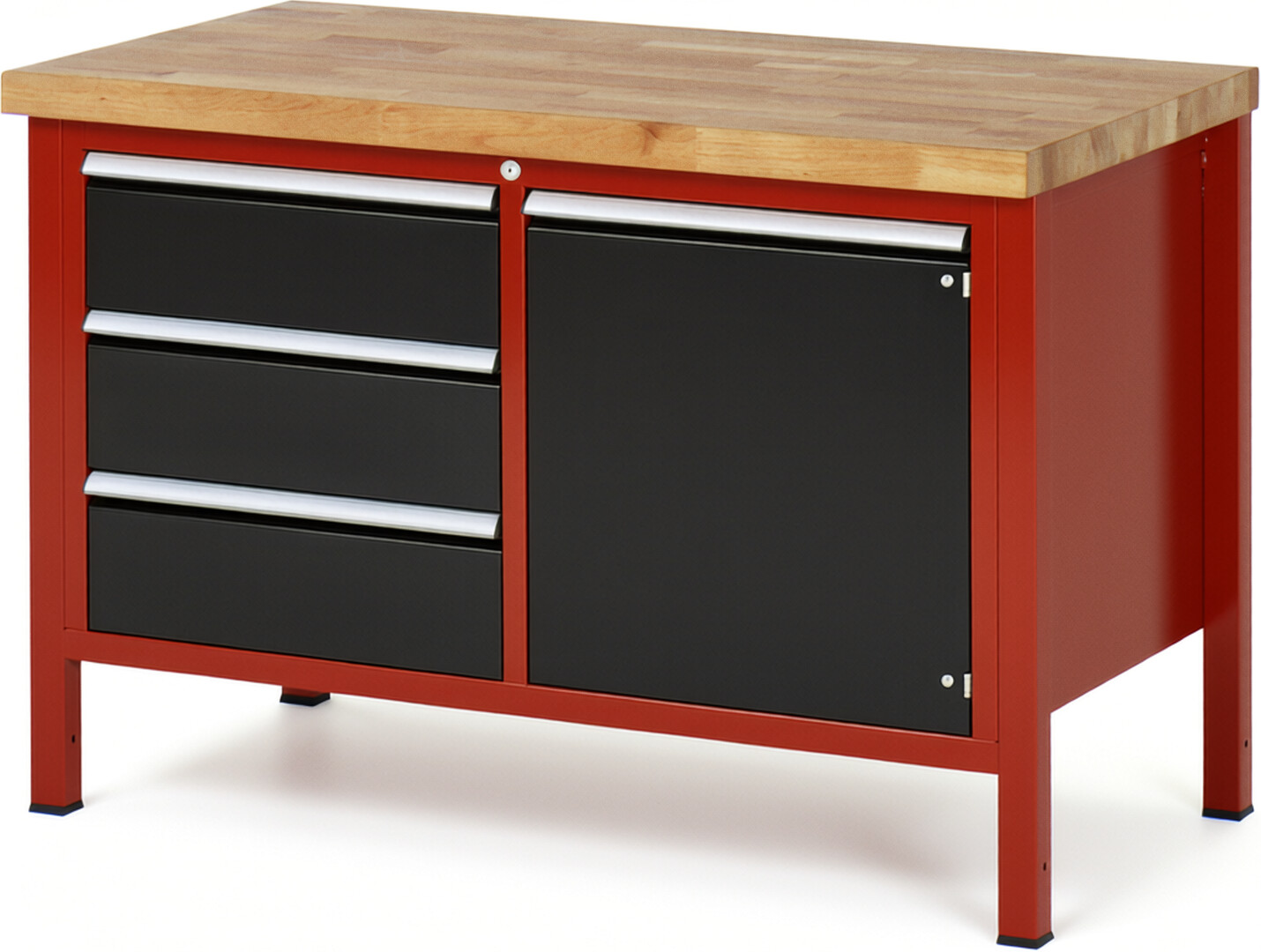 Werkbank Modell 8468 rot - schwarz, BxTxH 1250x700x840-1040 mm,  Buche-Massiv Arbeitsplatte 40 mm,  3 Schubladen mit  Auszug 90 %