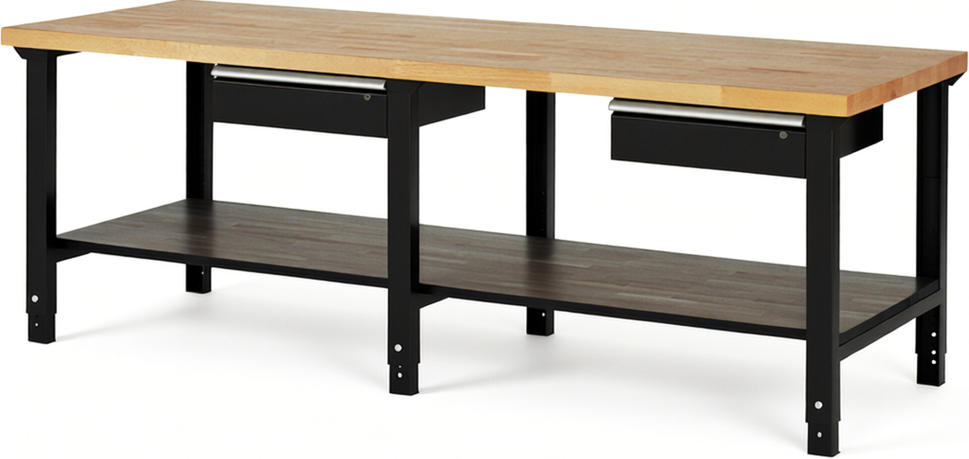 Werkbank Modell 7001 schwarz, BxTxH 2500x900x790-1140 mm,  Buche-Massiv Arbeitsplatte 40 mm,  2 Schubladen mit  Auszug 90 %