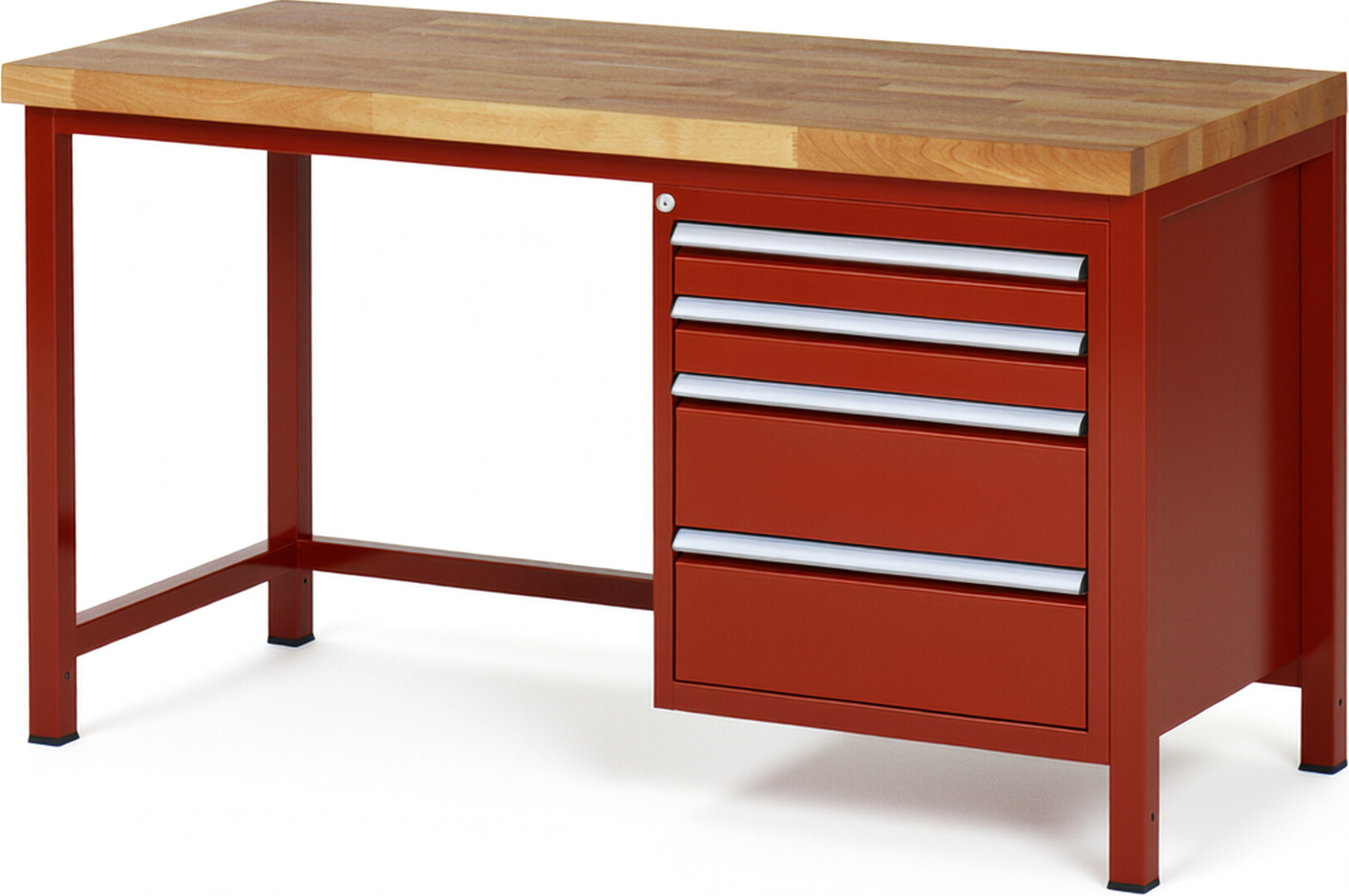 Werkbank Modell 8161 rot, BxTxH 1500x700x840-1040 mm,  Buche-Massiv Arbeitsplatte 40 mm,  4 Schubladen mit  Vollauszug 100 % und  SoftClosing