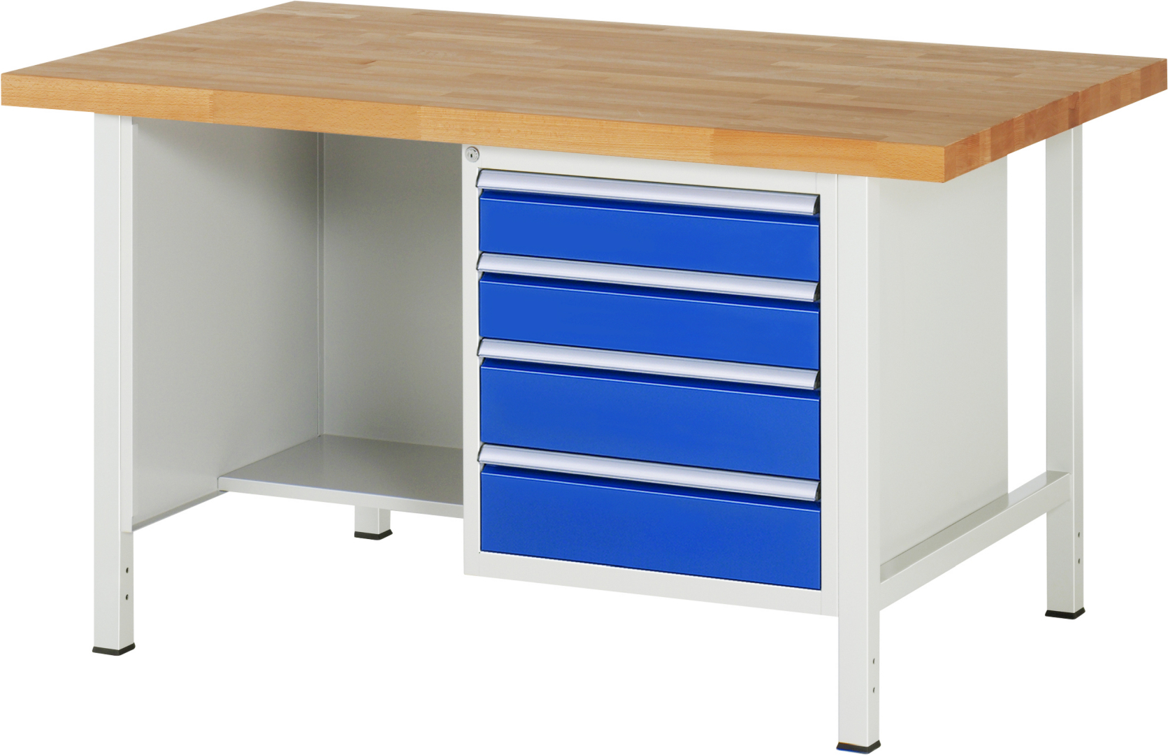 Werkbank Modell 8453,  BxTxH 1500x900x840 mm,  Buche-Massiv Arbeitsplatte 40 mm,  4 Schubladen mit  Auszug 90 %