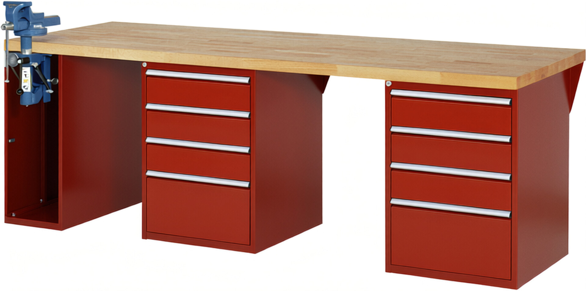 RAU Werkbank rot - Breite 250 cm - Tiefe 90 cm - Höhe 84 cm - Buche-Massiv Arbeitsplatte 40 mm