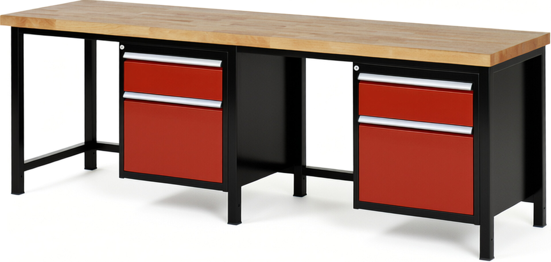 RAU Werkbank schwarz - rot - Breite 250 cm - Tiefe 70 cm - Höhe 104 cm - Buche-Massiv Arbeitsplatte 40 mm