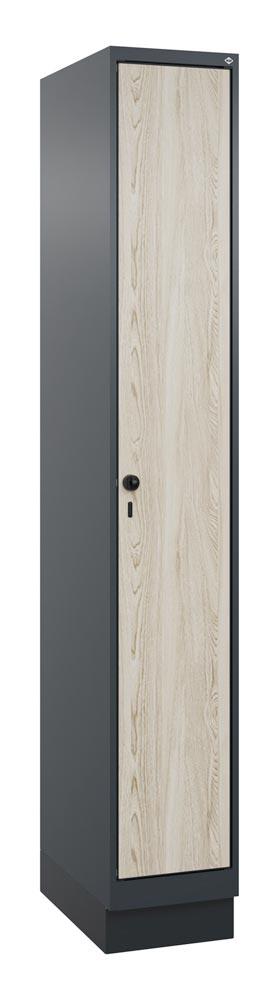 Garderobenschrank, Sockel, 1 Abt., Abt.B 300 mm, BxTxH 300x500x1950 mm, HPL-Dekorfront, RAL 7016/Dekor Sen-Esche