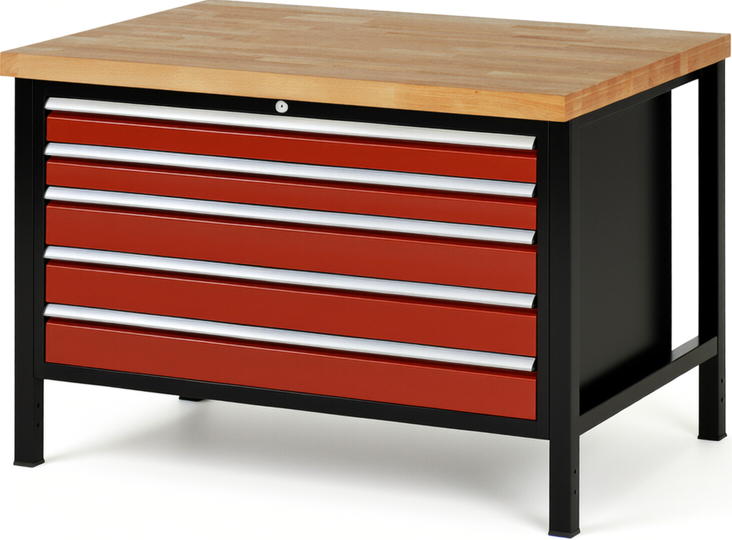 RAU Werkbank schwarz - rot - Breite 125 cm - Tiefe 90 cm - Höhe 104 cm - Buche-Massiv Arbeitsplatte 40 mm