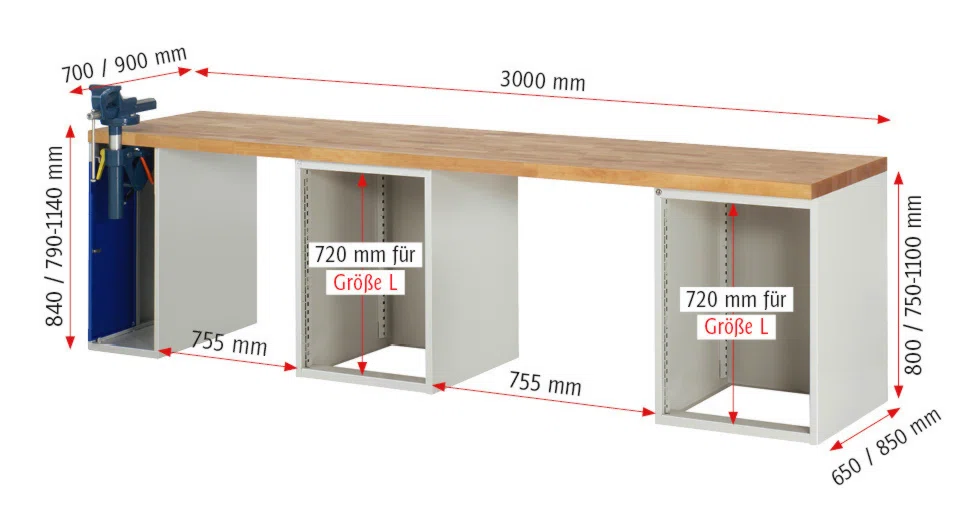 Werkbank Modell 7510 schwarz, BxTxH 3000x700x890 mm,  Buche-Massiv Arbeitsplatte 40 mm,  8 Schubladen mit  Auszug 90 %