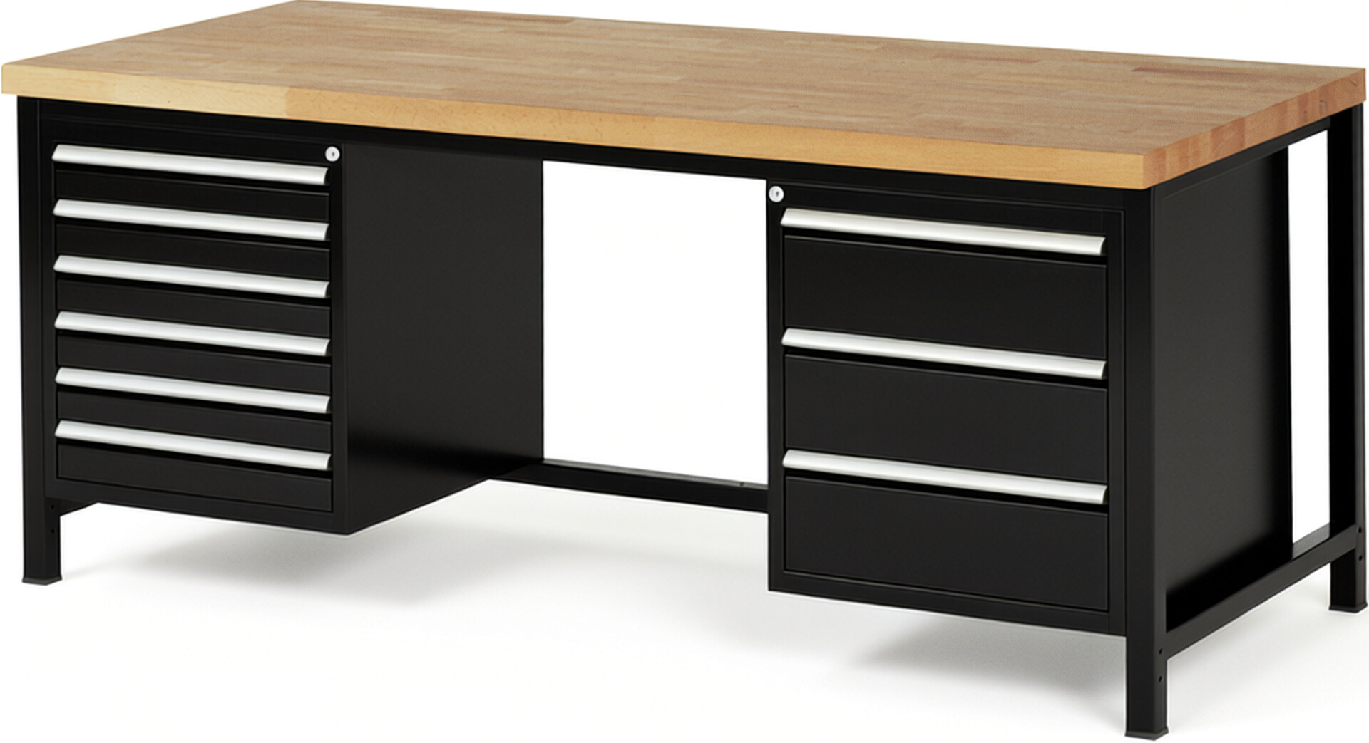 Werkbank Modell 8183 schwarz, BxTxH 2000x900x840-1040 mm,  Buche-Massiv Arbeitsplatte 40 mm,  9 Schubladen mit  Auszug 90 %