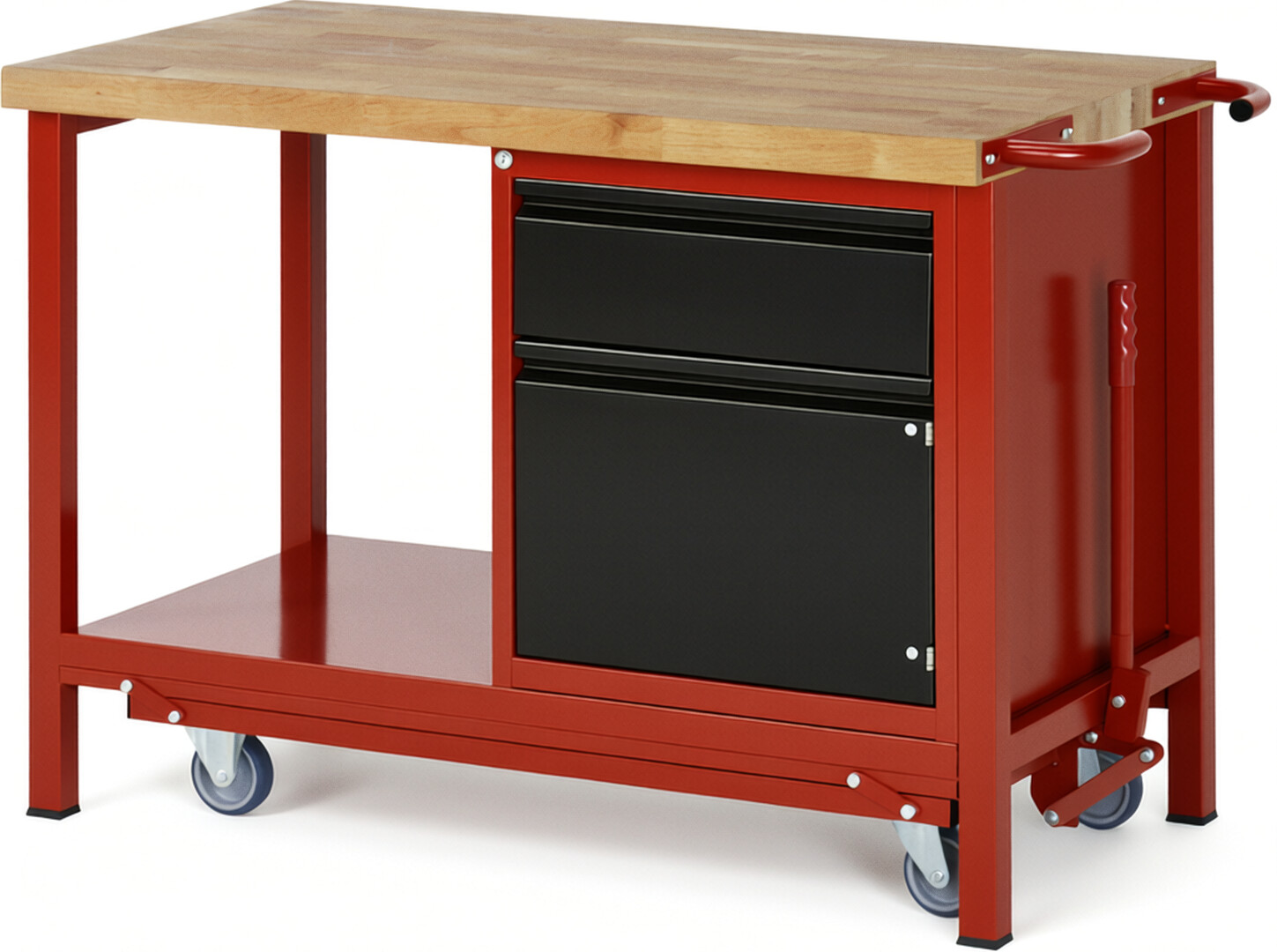Absenkbare Werkbank - Modell 8152 BASIC rot - schwarz, BxTxH 1250x700x880 mm,  Buche-Massiv Arbeitsplatte 40 mm,  1 Schublade mit  Auszug 90 %