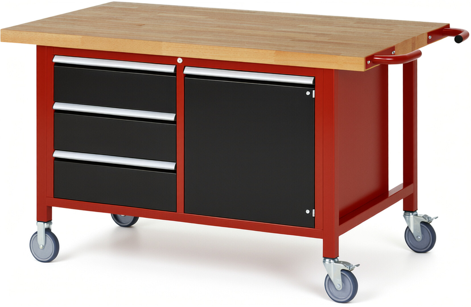 RAU Werkbank rot - schwarz - Breite 150 cm - Tiefe 90 cm - Höhe 88 cm - Buche-Massiv Arbeitsplatte 40 mm