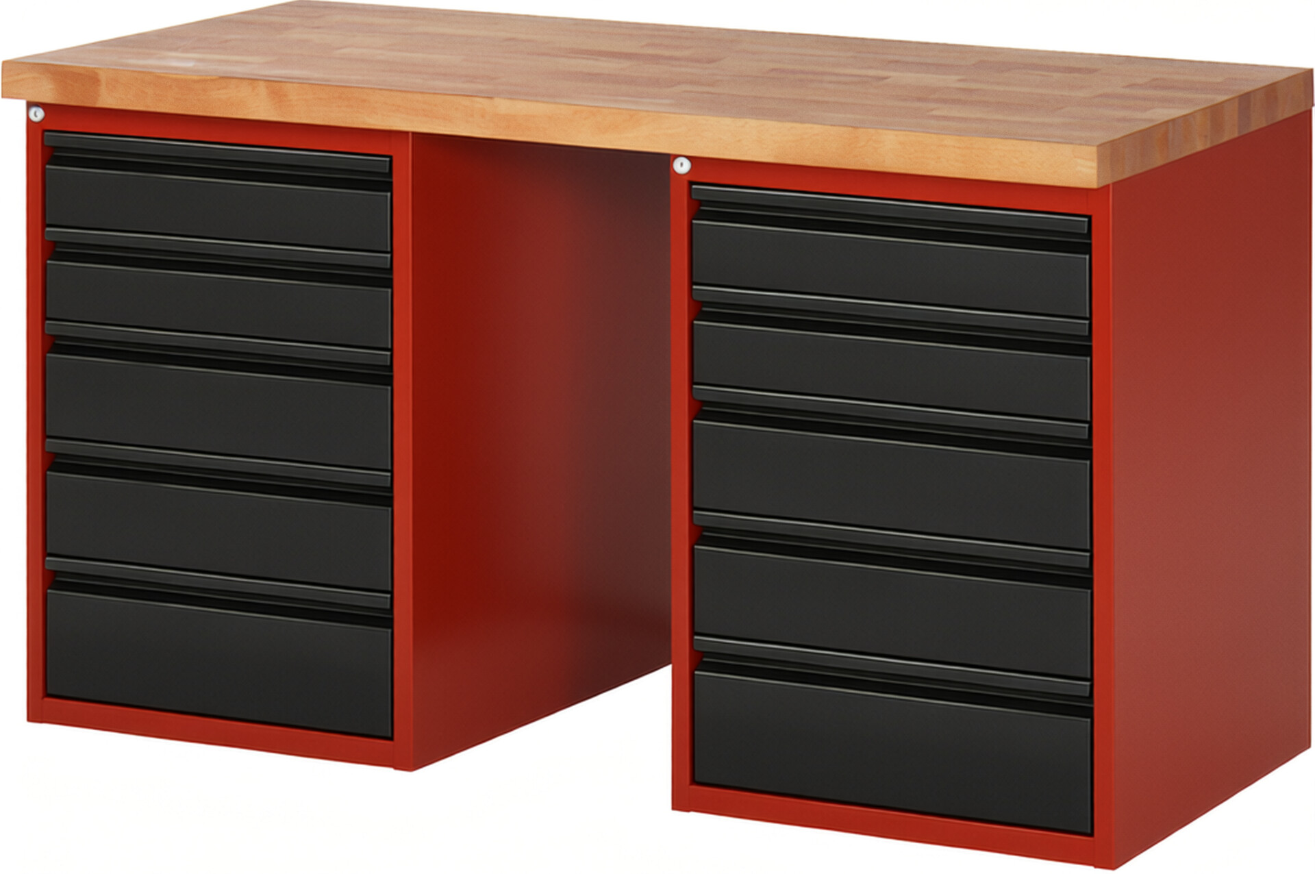 Werkbank - Modell 7513 BASIC rot - schwarz, BxTxH 1500x700x890 mm,  Buche-Massiv Arbeitsplatte 40 mm,  10 Schubladen mit  Auszug 90 %