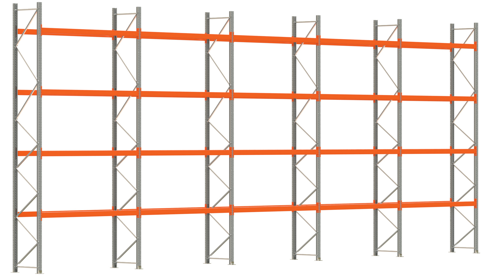 Palettenregal ARTUS - Breite 1401 cm - Höhe 550 cm - Tiefe 80 cm - 4 Träger-Ebenen - max. Fachlast 2100 kg - 50 Palettenstellplätze