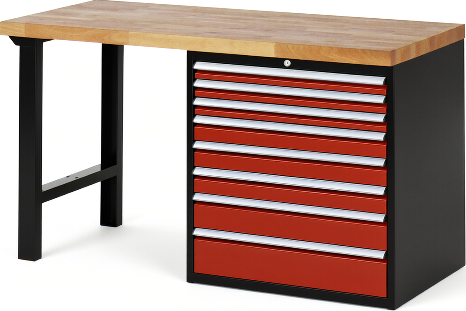 RAU Werkbank schwarz - rot - Breite 150 cm - Tiefe 70 cm - Höhe 89 cm - Buche-Massiv Arbeitsplatte 40 mm