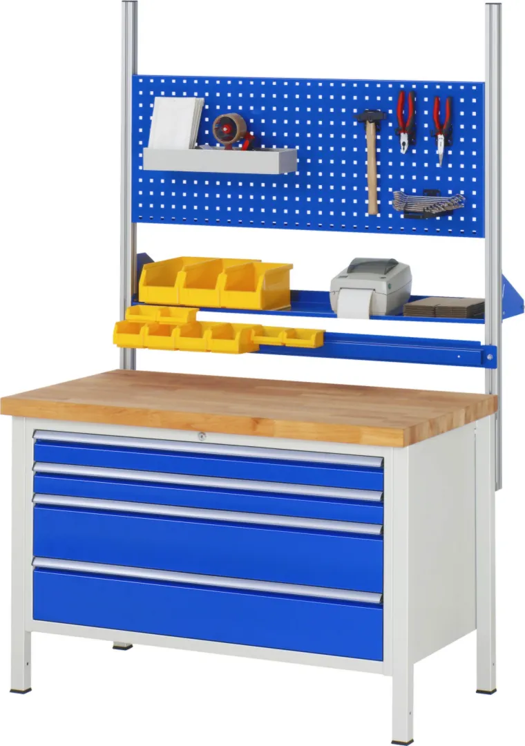 Werkbank Modell 8357 rot - schwarz, BxTxH 1250x700x840 mm,  Buche-Massiv Arbeitsplatte 40 mm,  3 Schubladen mit  Auszug 90 %