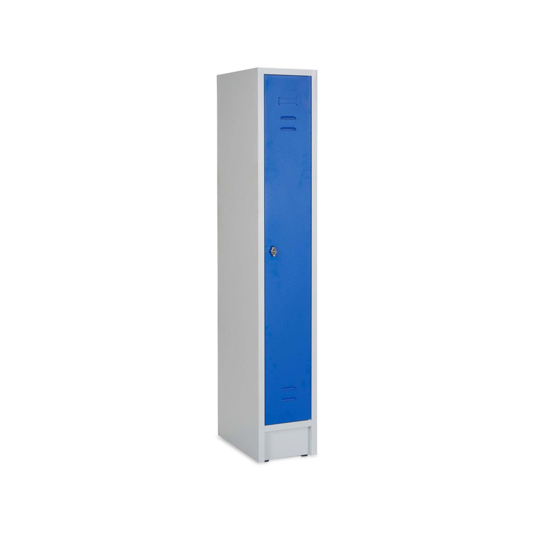 Kleiderspind, 1 Abteil, Abteilbreite 300 mm, Höhe 180 cm, Breite 60 cm, RAL 7035 Lichtgrau / RAL 5010 Enzianblau, mit Sockel, Drehriegelschloss